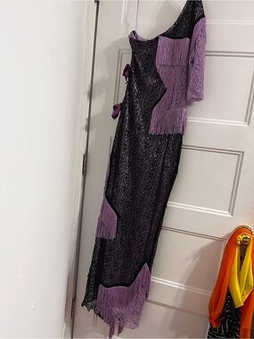 House of Holland Purple and Black Lace Fringe One-Shoulder Dress